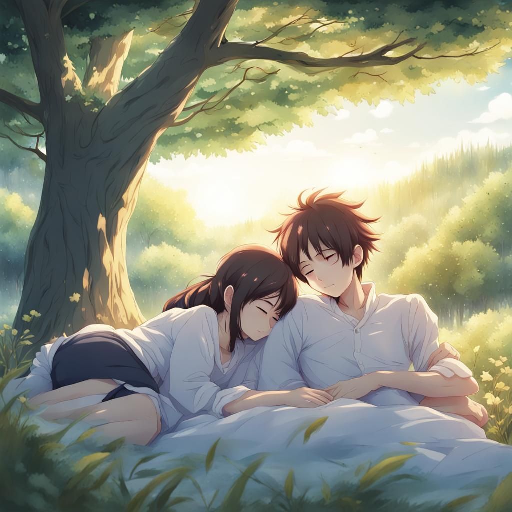 Anime Boy and Girl Sleeping in Nature