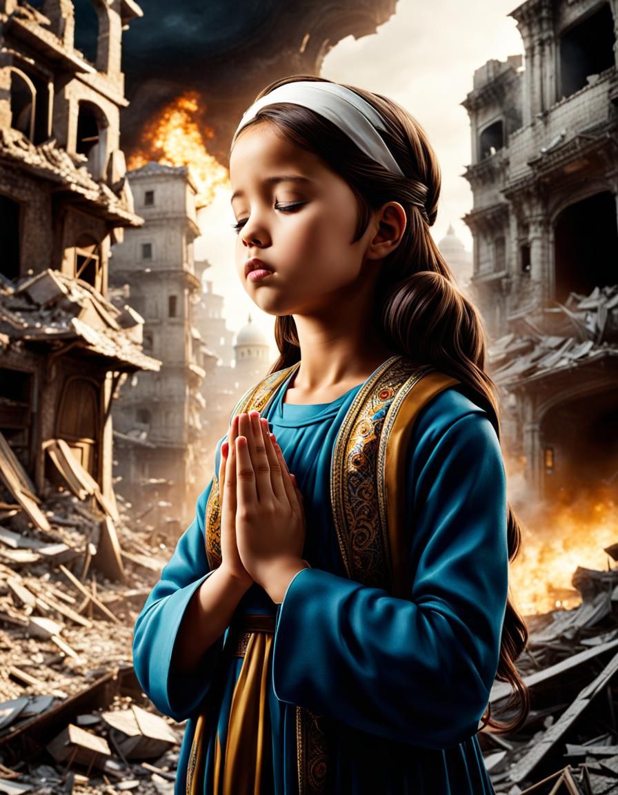girl praying in a war torn city