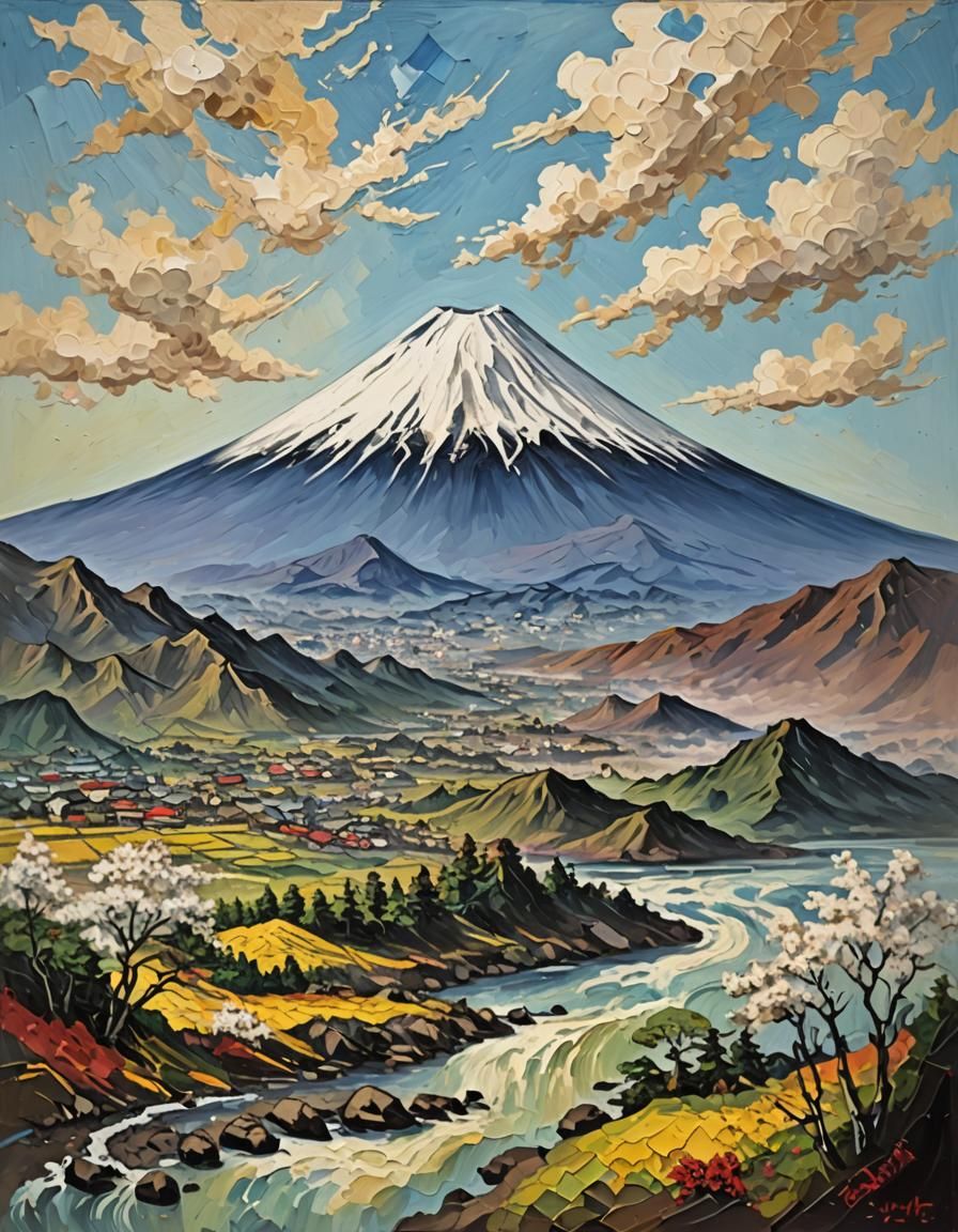 Mount Fuji Oil Painting in Impasto Technique
