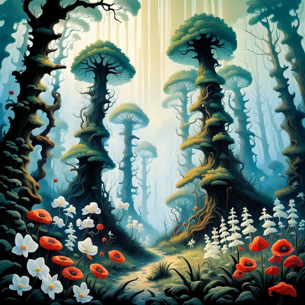 Foggy Forest with Strange Trees in Splash Art Style