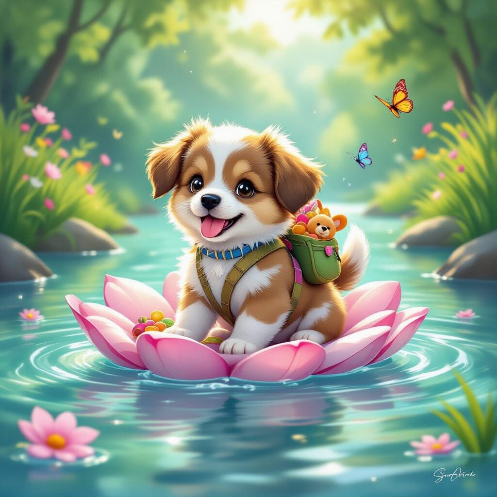 Puppy's River Adventure in a Dreamy Pastel Style