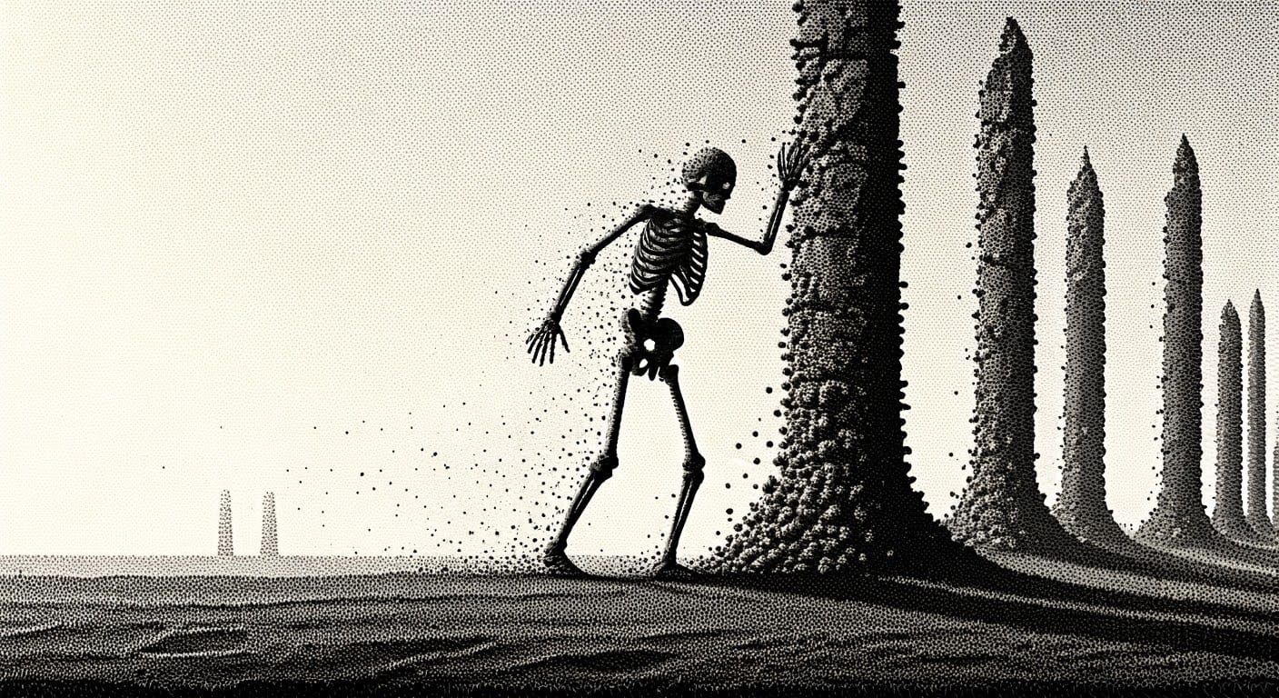 Surreal Skeleton Dissolving in Pointillism Style