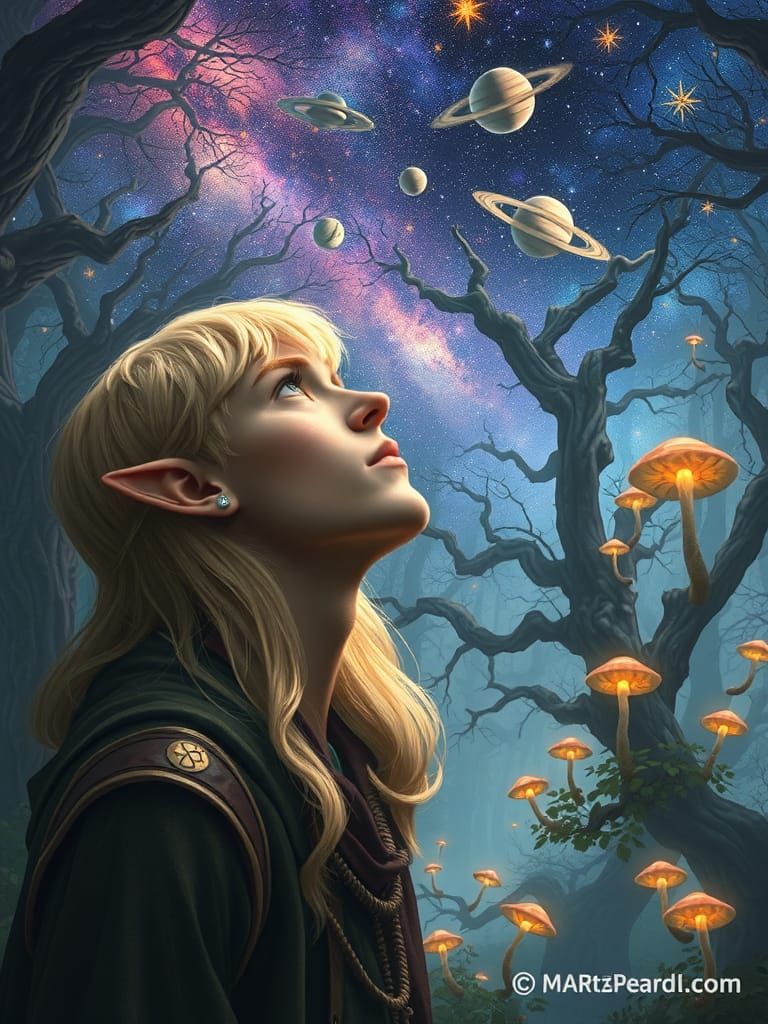 Elf Gazing at Stars in Mystical Forest