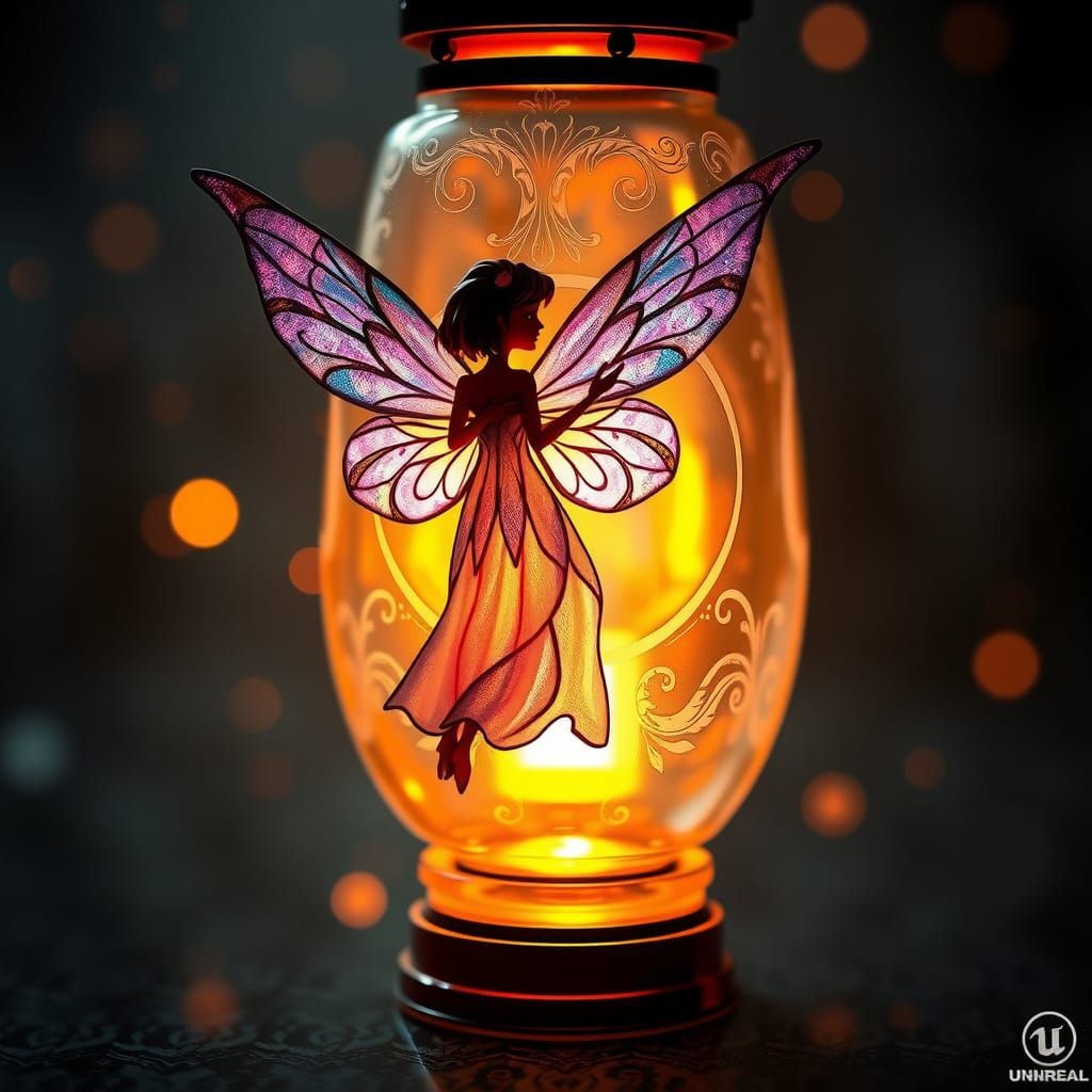 Iridescent Fairy in Art Nouveau Lamp