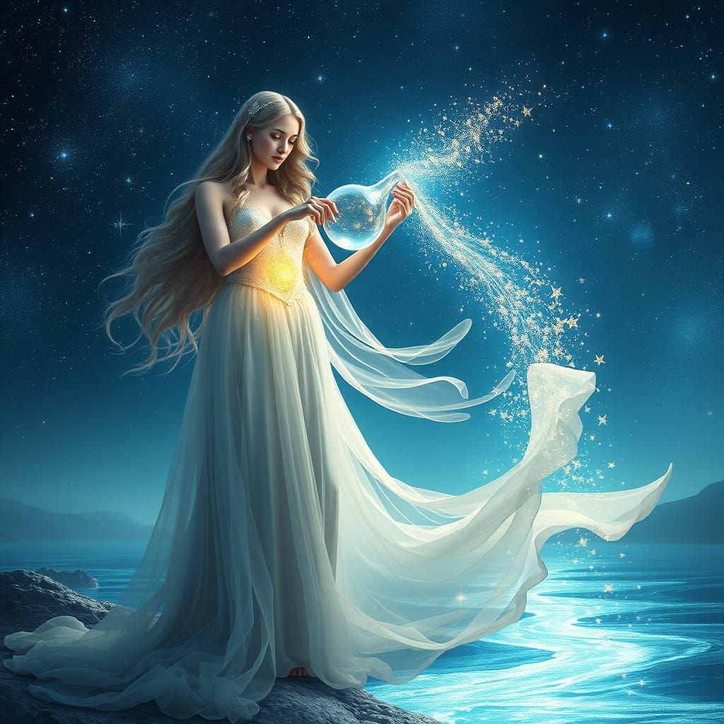 Ethereal Aquarius Goddess in a Cosmic Night Sky