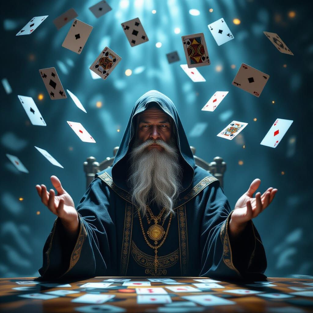 Mystic Surrounded by Energetic Cards: Ultra-Realistic Detail