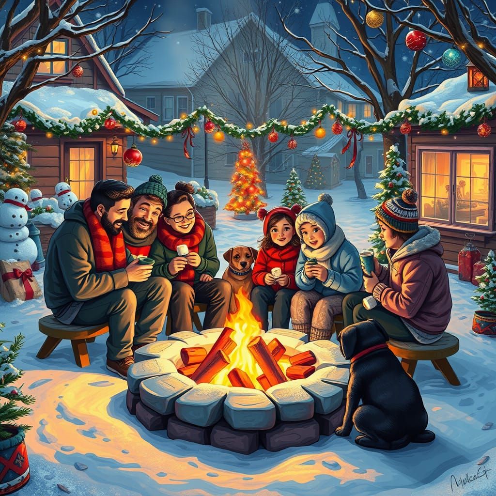 Cozy Winter Family Gathering in Vibrant Street Art Style
