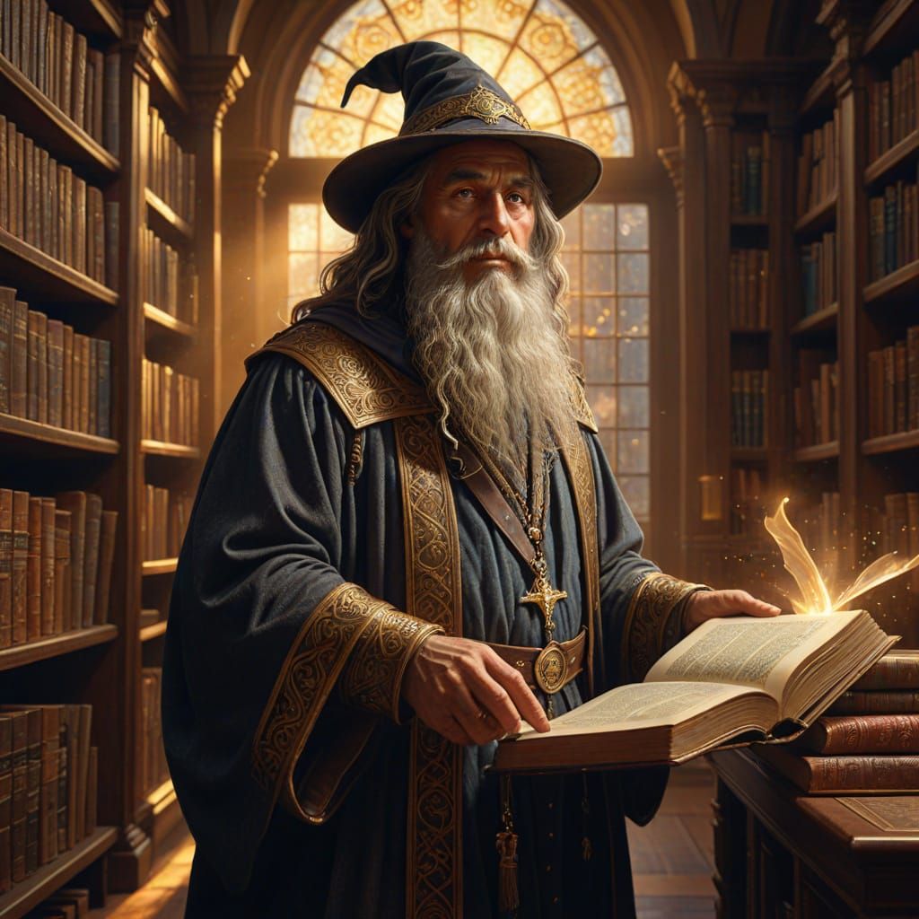 Wizard in Library: Hyperrealistic Fantasy Art