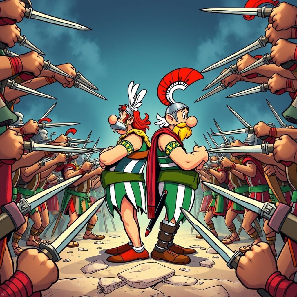 Asterix and Obelix Surrounded by Romans, Moebius Style