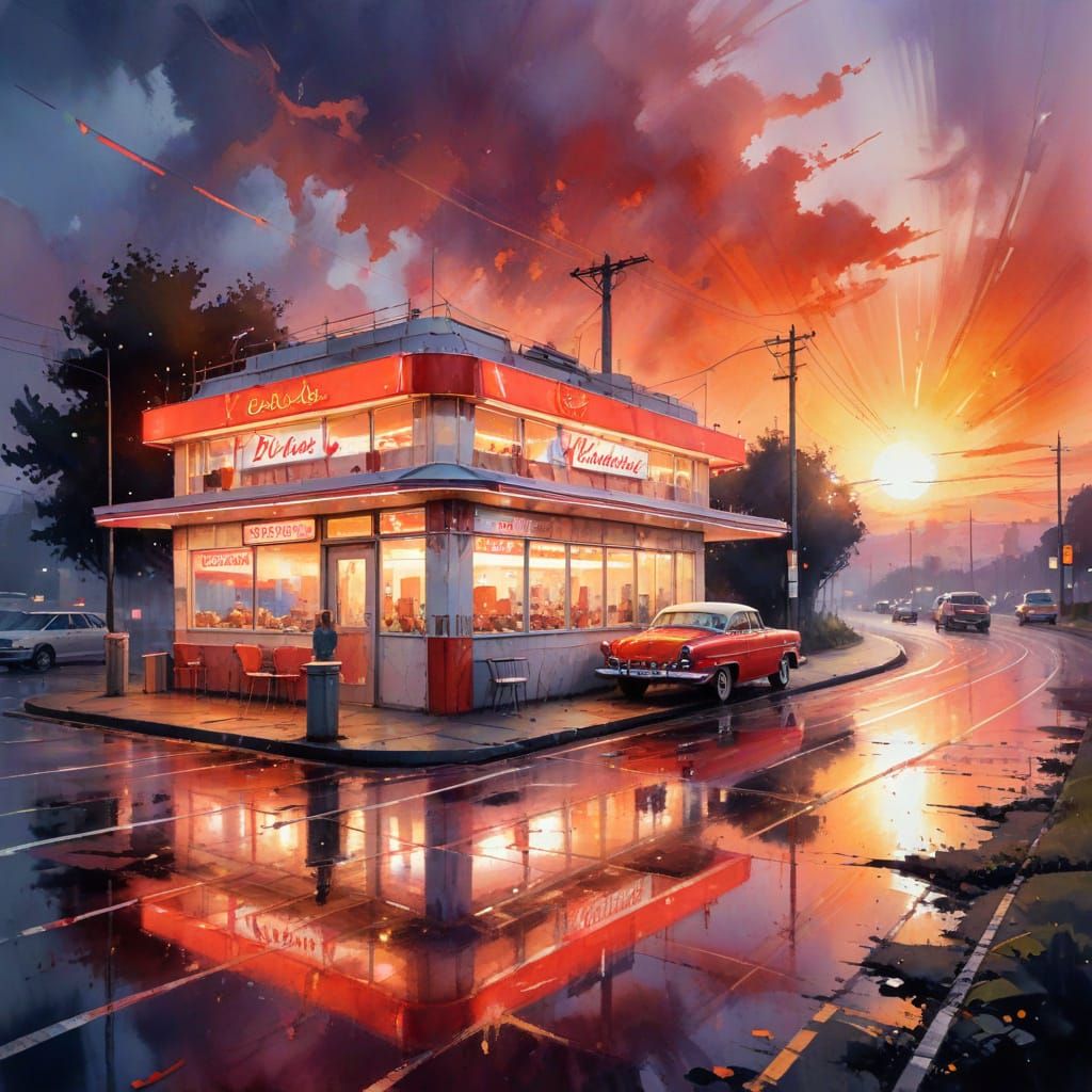 Retro Diner at Sunset in Timeless Watercolour Style