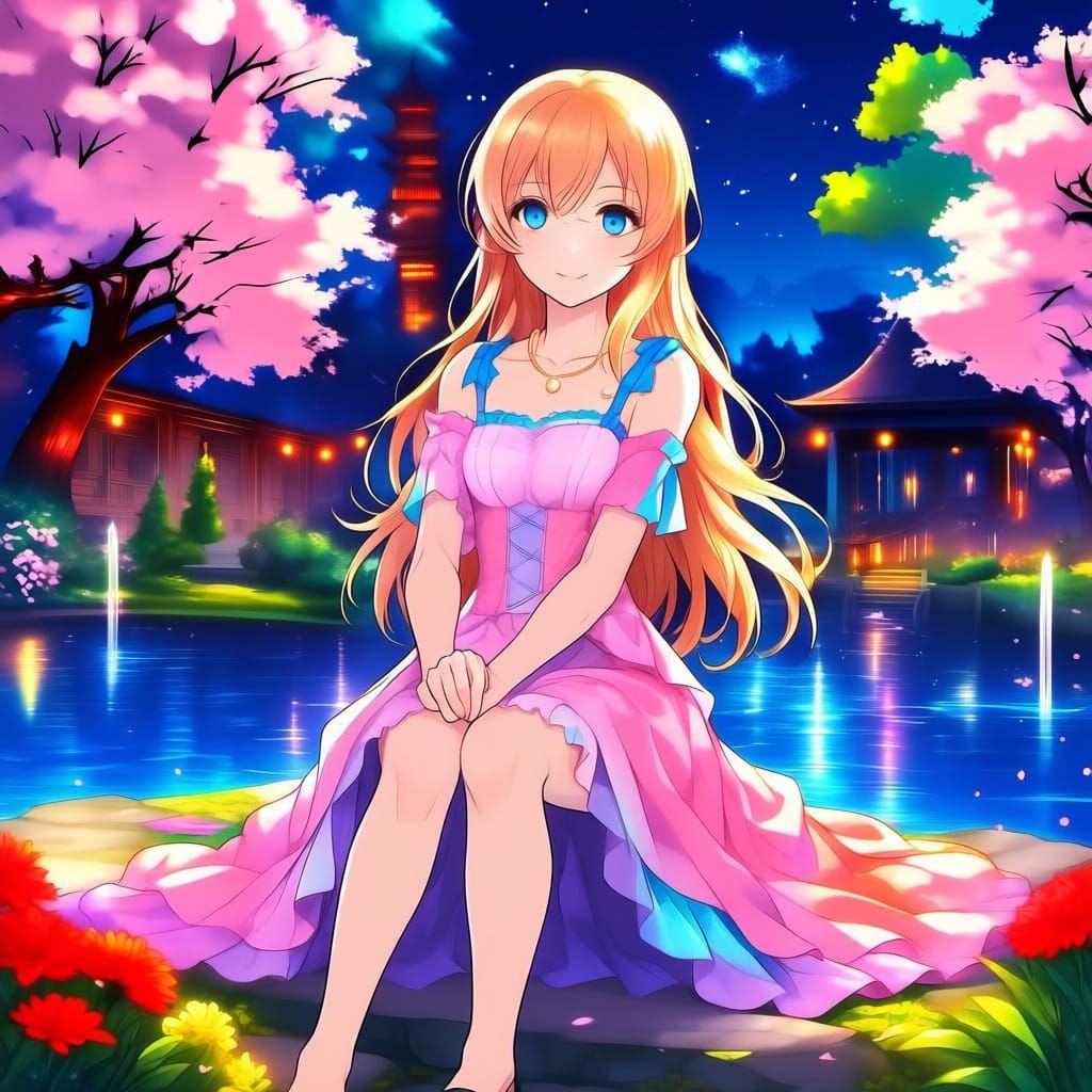 Anime Girl in Pink Dress by Pond, Studio Trigger Style