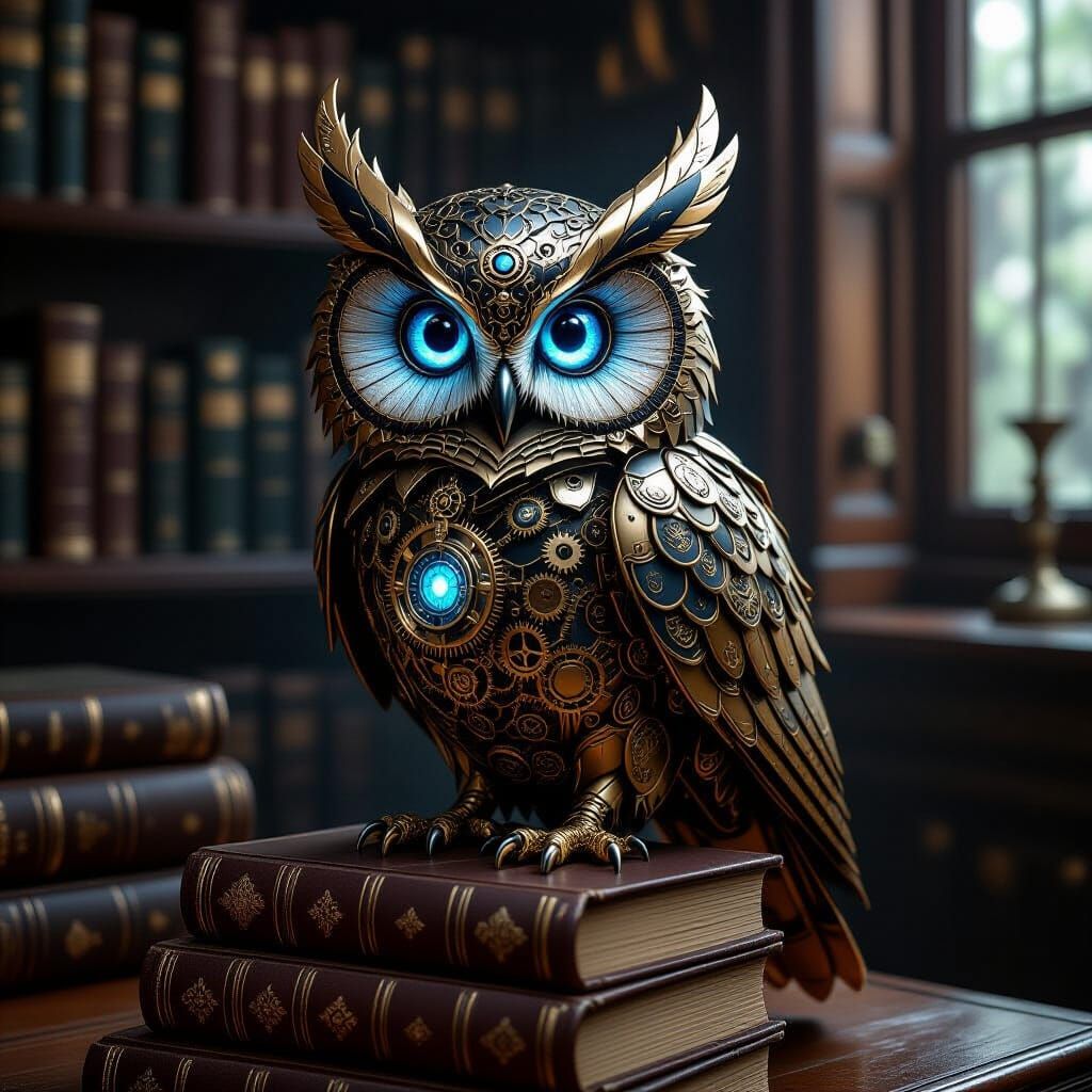 Steampunk Clockwork Owl on Books