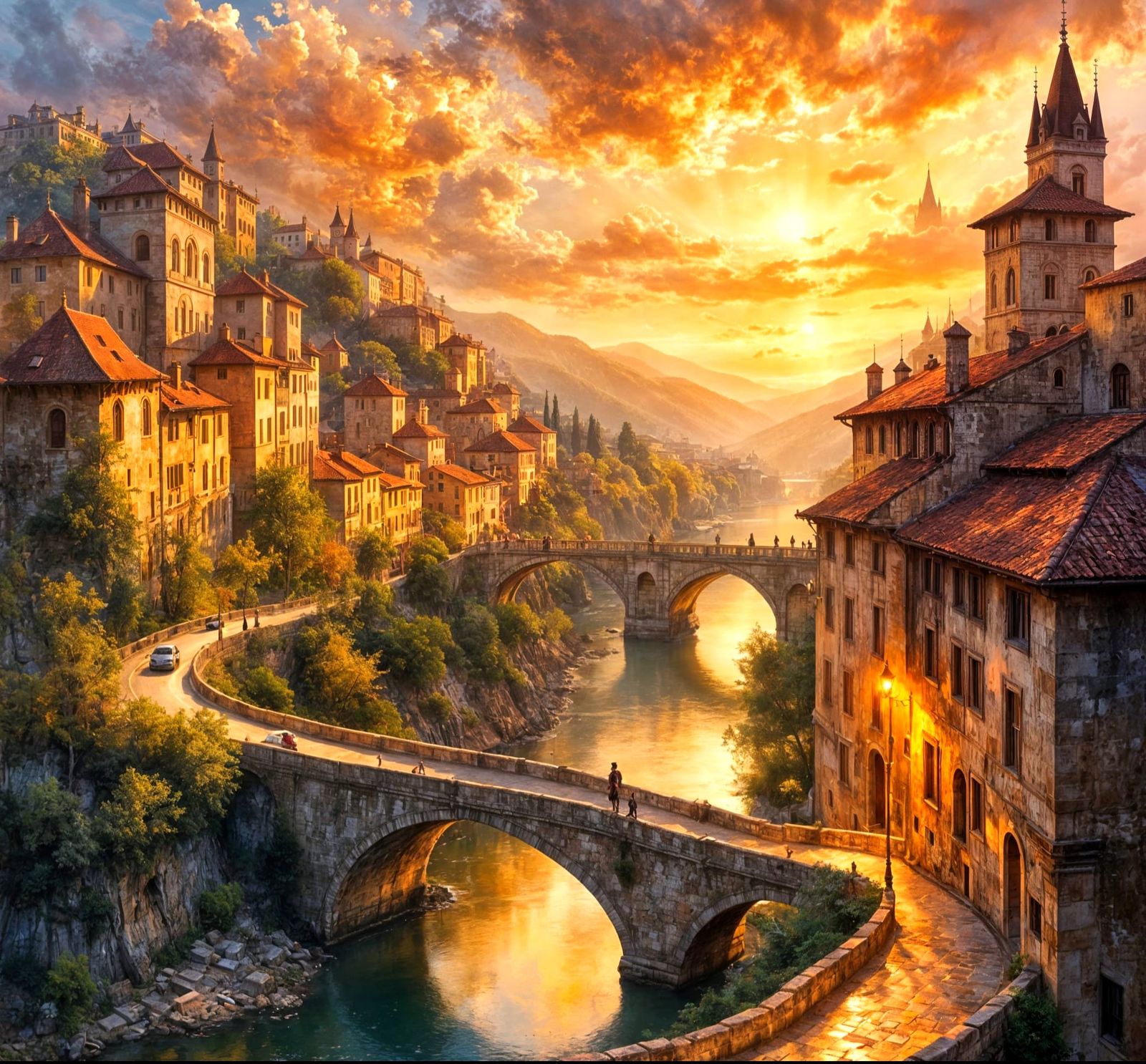 European Cityscape at Dusk Oil Painting