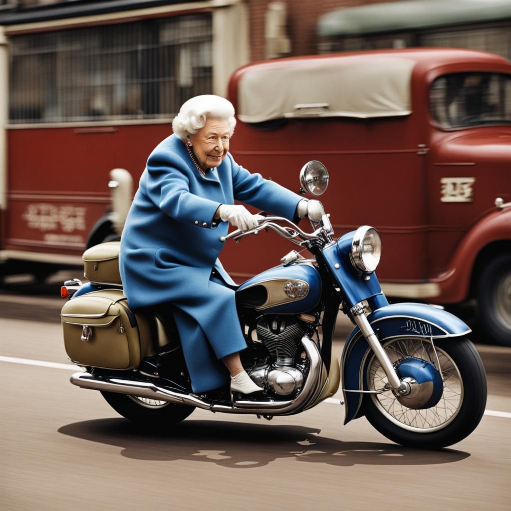 Queen Elizabeth II Rides a Motorbike