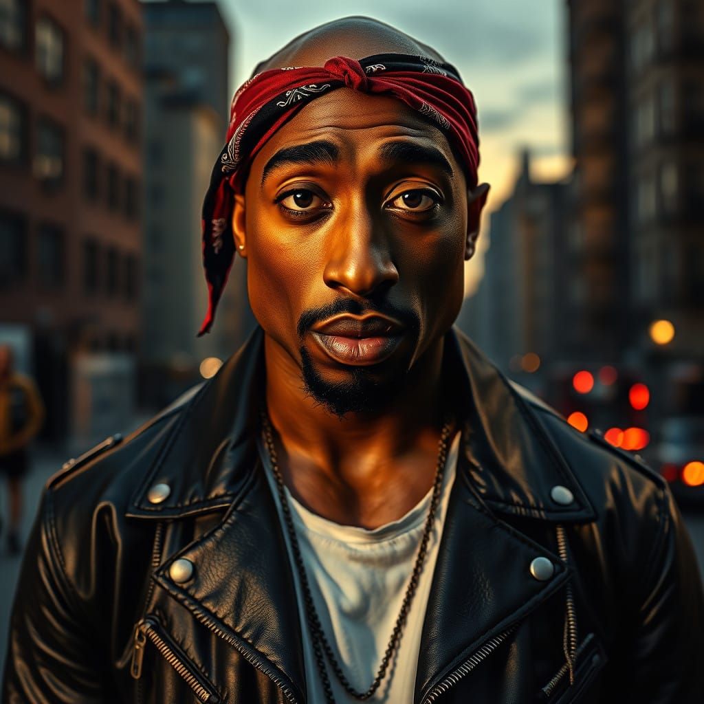 Tupac Shakur in Gritty Urban Cityscape with High-Contrast Li...