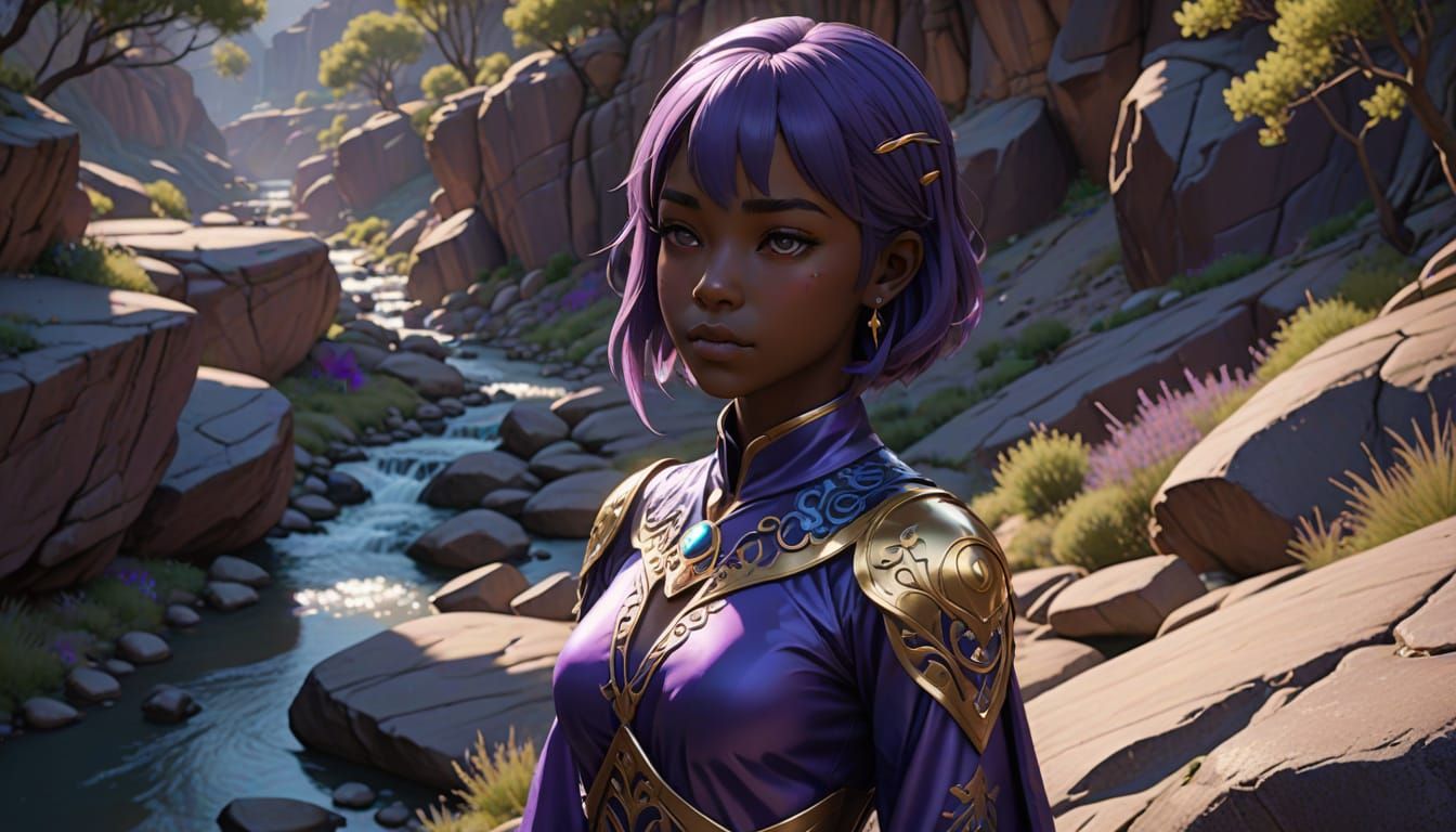 Dark-Skinned Fantasy Anime Goddess Leans on a Rock in Breath...