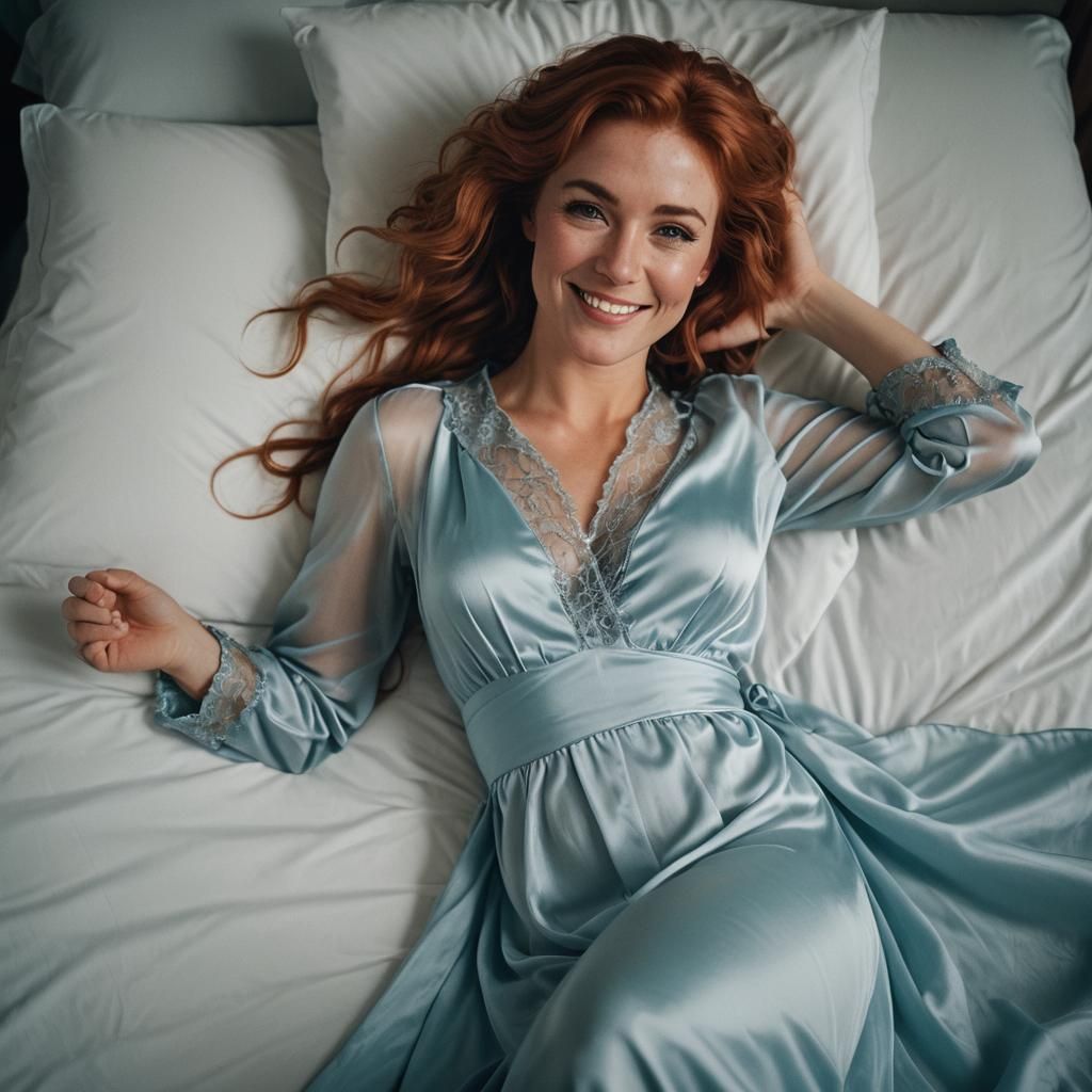 Seductive Copper-Haired Woman in Blue Negligee