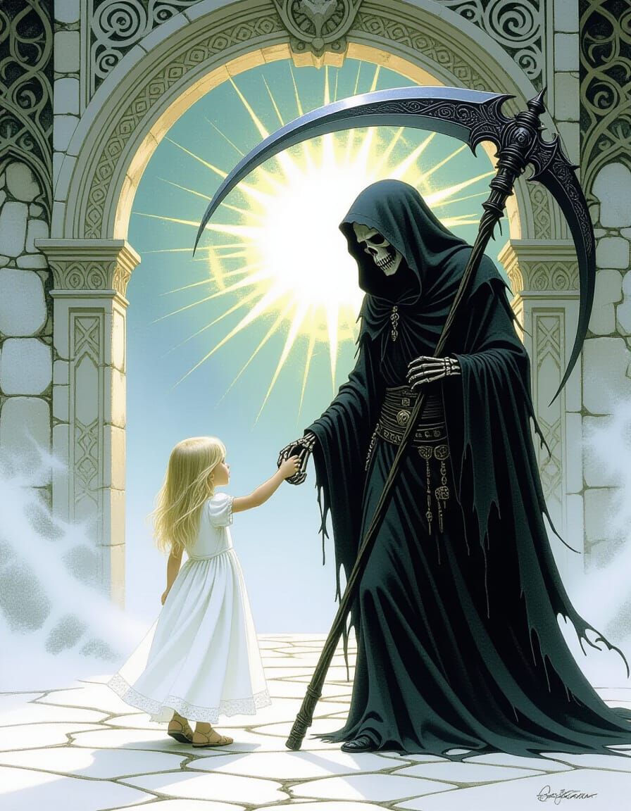 Grim Reaper Escorts Girl to Afterlife Portal in Dark Fantasy