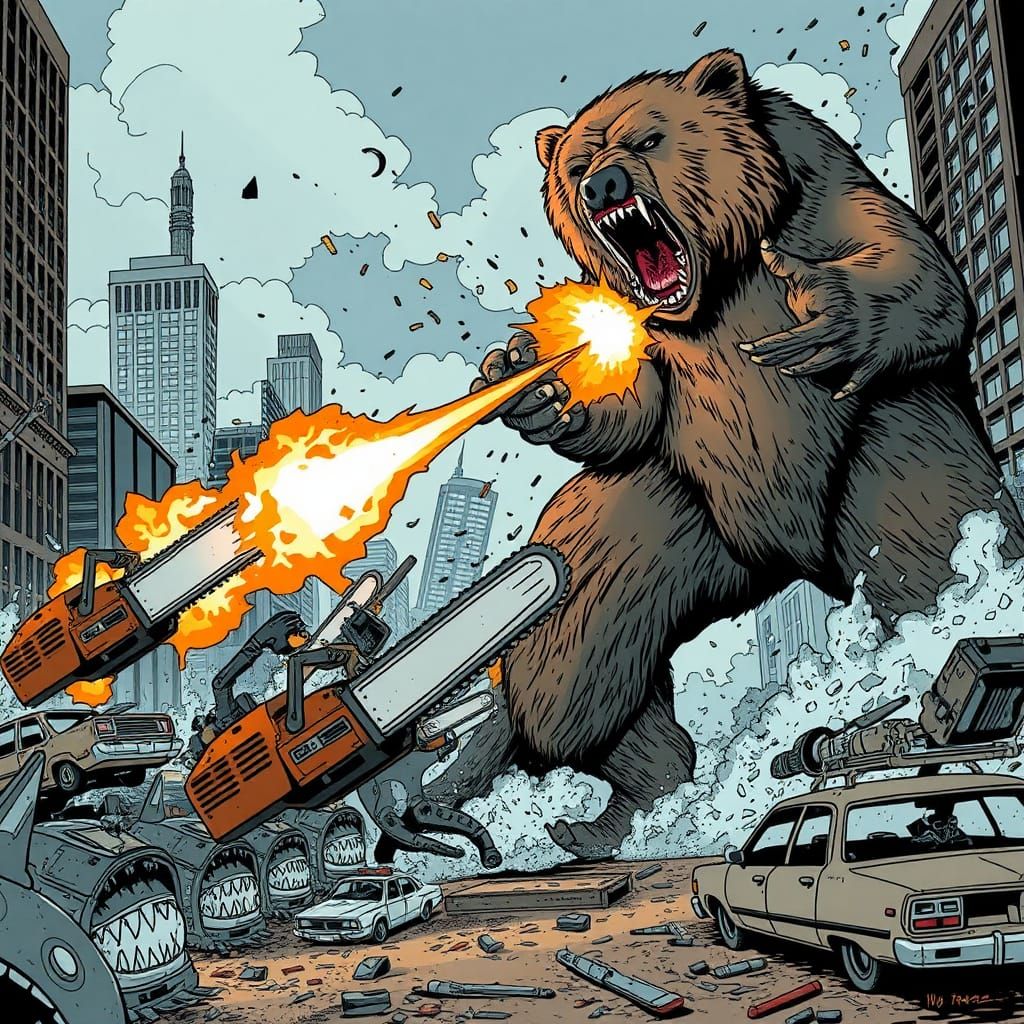 Chainsaw Sharks vs Fire Bear in Dystopian City
