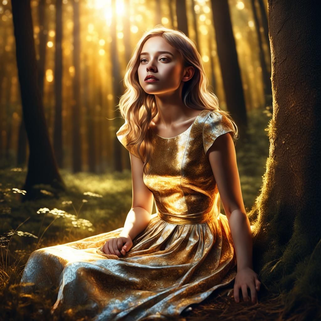 Girl in Golden Light Forest: Realistic 3D Rendering