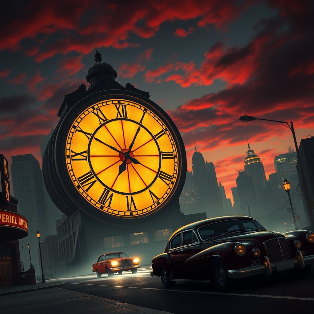 Retro-Style Cityscape with Ornate Clock Face at Dusk