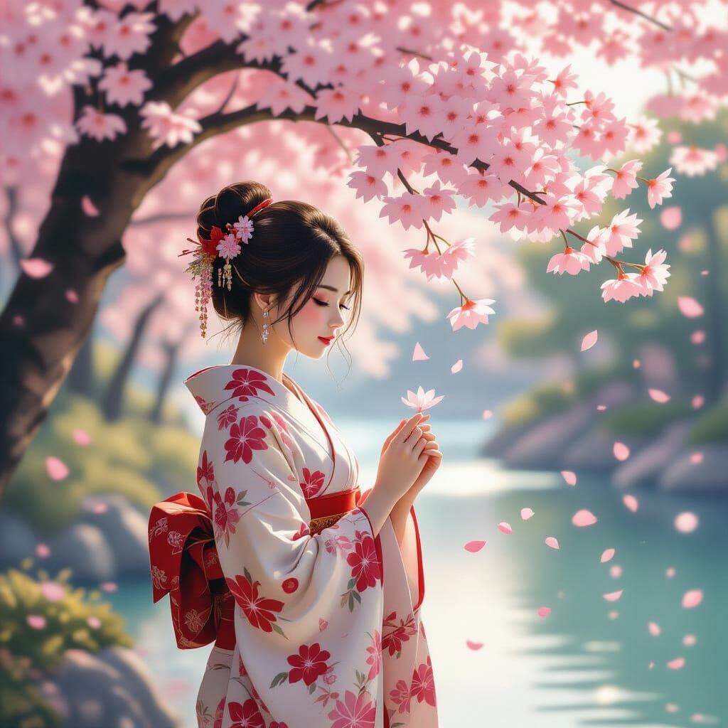 Woman in Kimono Under Cherry Tree in Romantic Style
