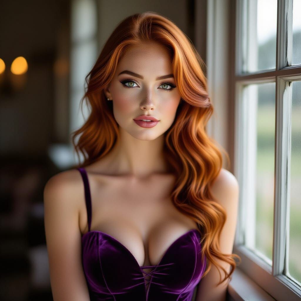 Full Body Portrait of a Ginger Woman in Velvet Dress