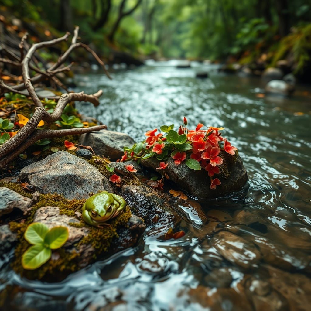 Vibrant River Tapestry with a Sleeping Green Frog