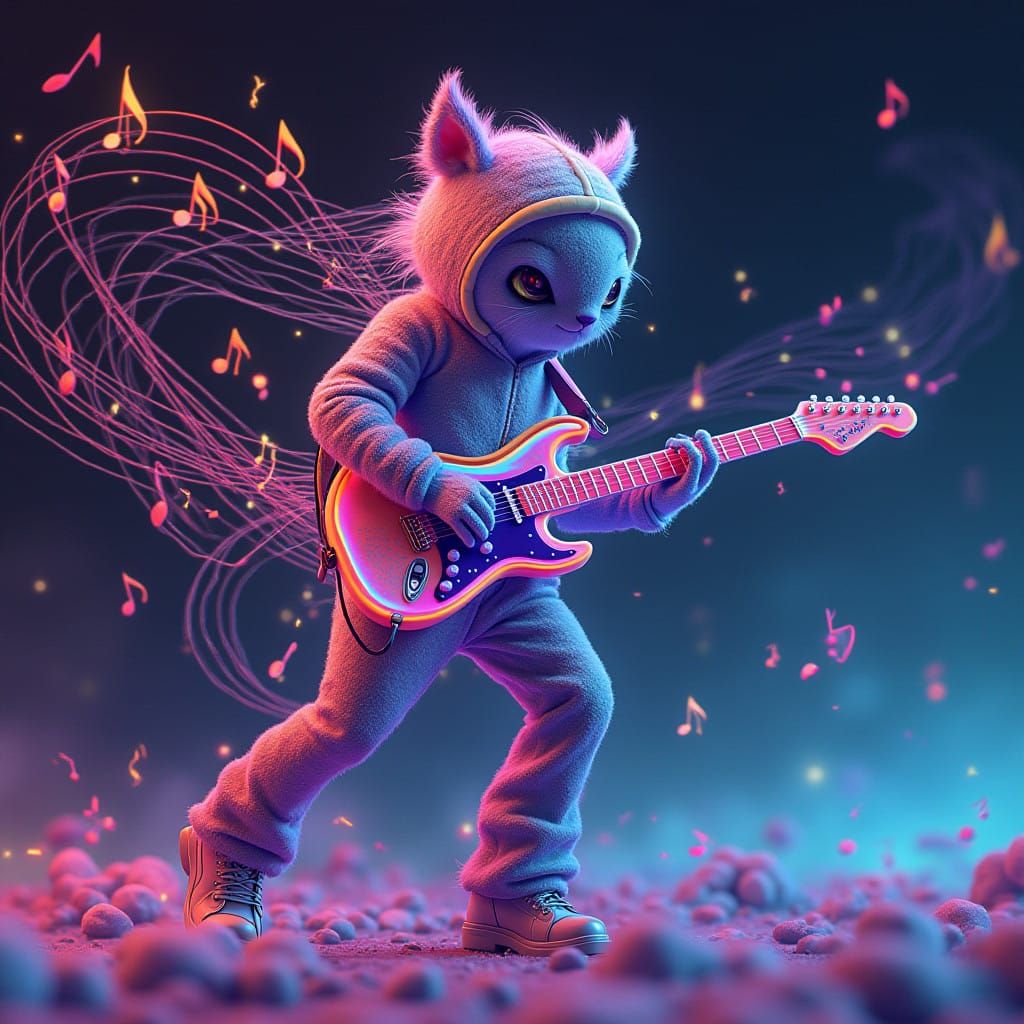 Whimsical Musician Chases Vibrant Melodies in Dreamlike Neon...