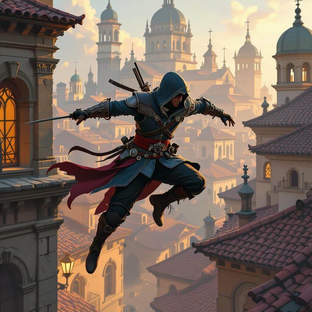 Assassin Leaping Across Rooftops in Renaissance Style