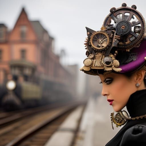 Steampunk Woman in Rainy Urban Scene