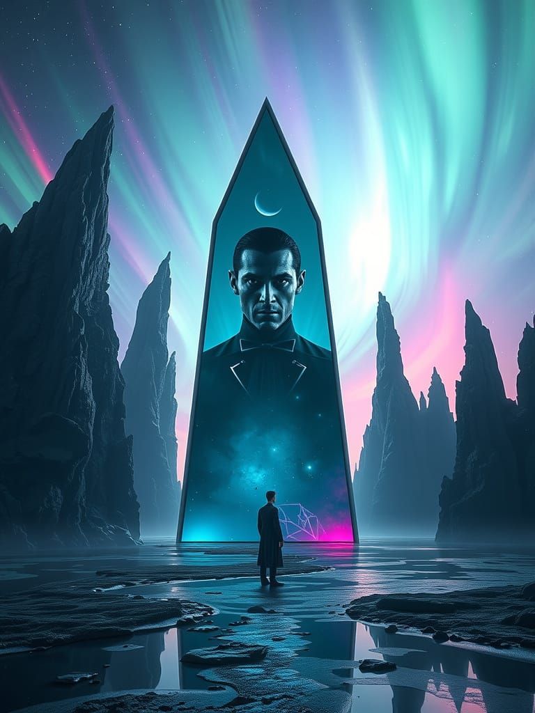 Surreal Mirror Reflects Gothic Vampire in Aurora Landscape