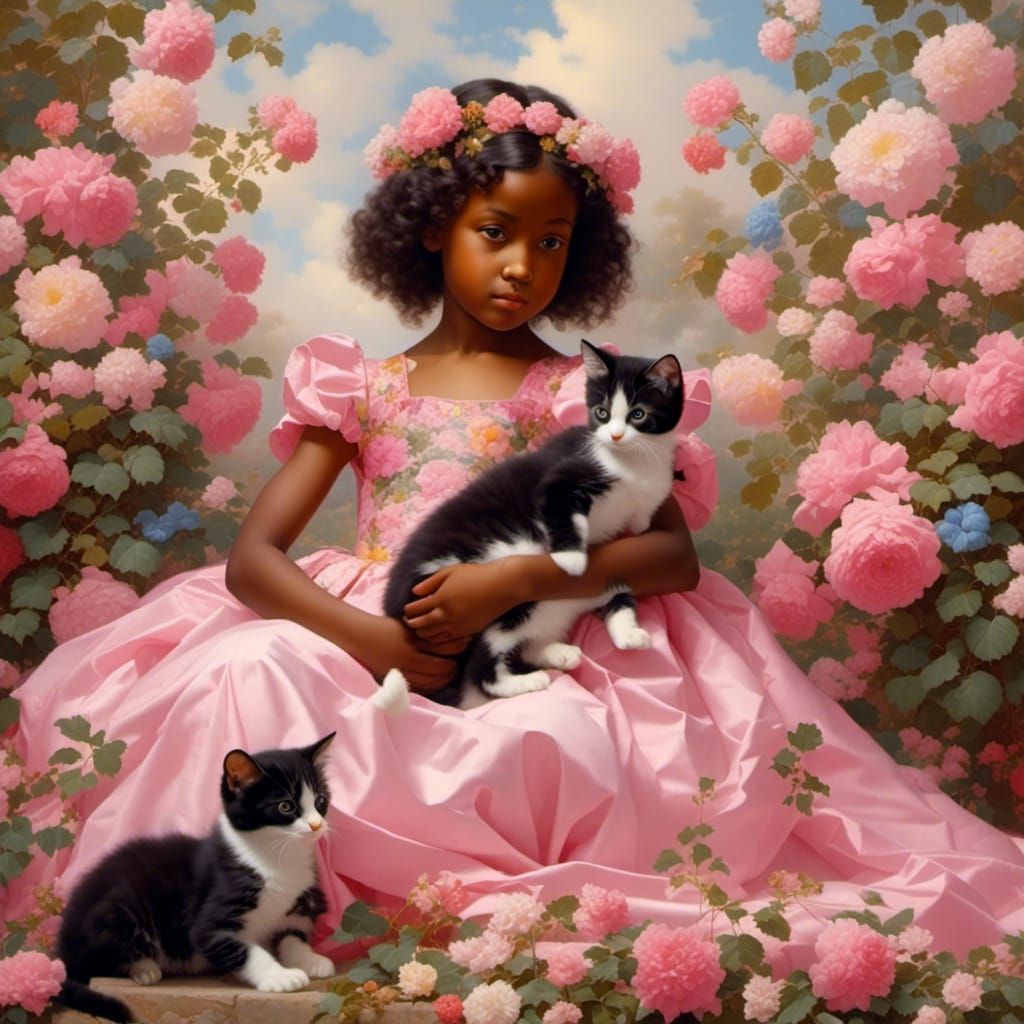 Girl with Kittens in Flower Field Mosaic