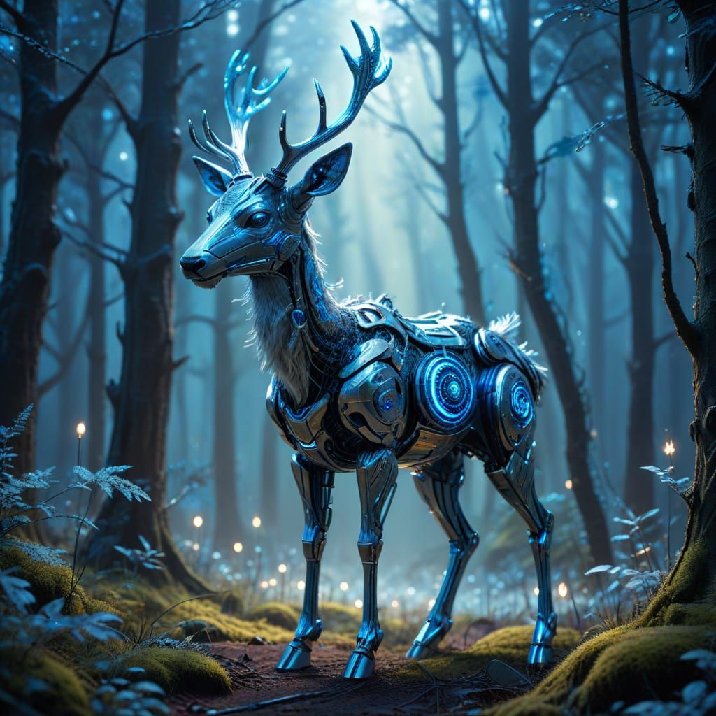 Metallic Deer Robot in Enchanted Forest: Sci-Fi Art