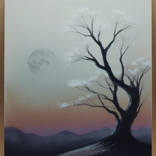 Zen Sumi-e Painting of Lone Poplar Under Full Moon