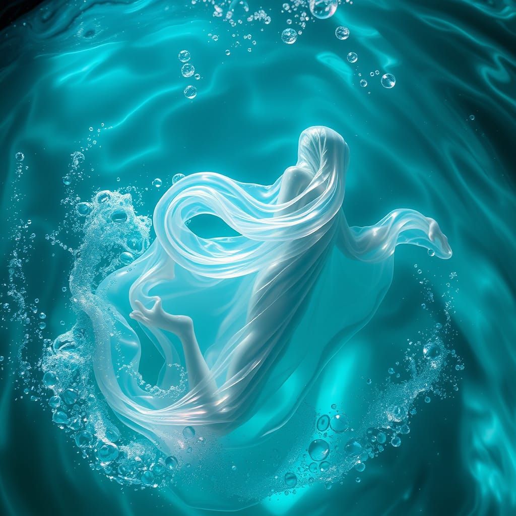 Gelatinous Figure Twisting in Turquoise Water