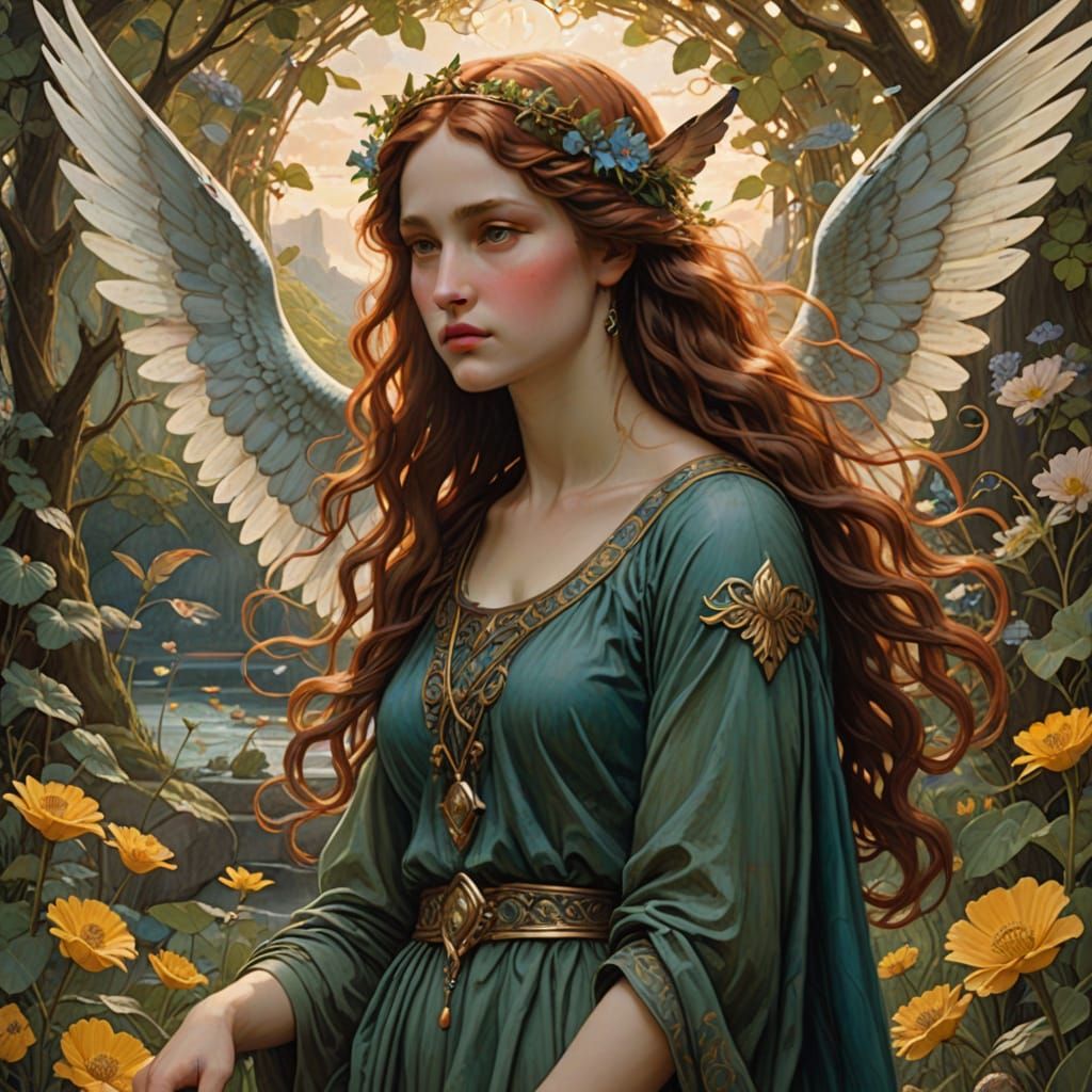 Mythical Winged Goddess in Romanticist Pre-Raphaelite Style