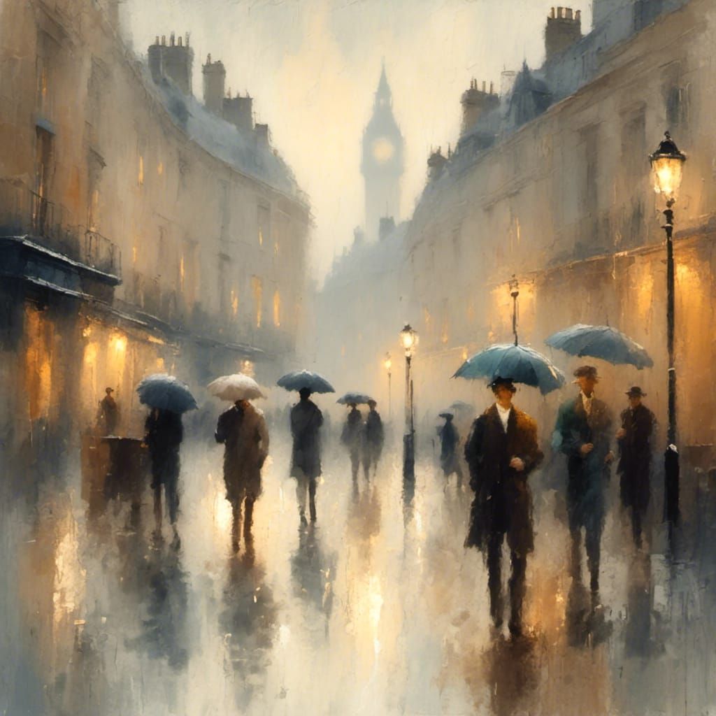 Impressionist London Cityscape at Night in Rainy Weather