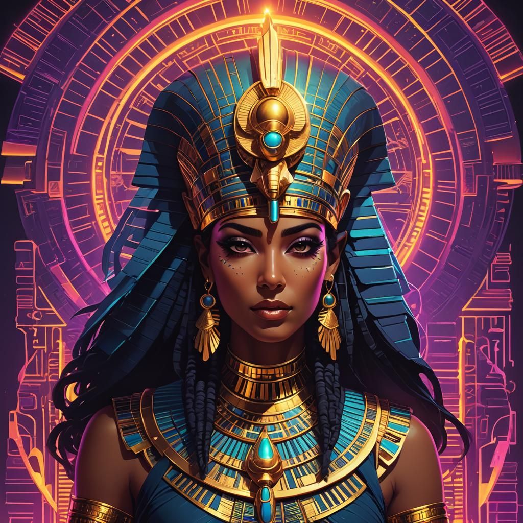 Egyptian Priestess Portrait in Synthwave Neon Style