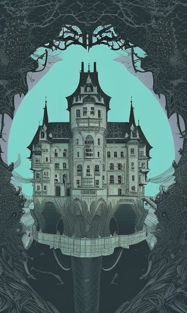 Foreboding Castle with Colossal Moon, Hyperdetailed Reflecti...