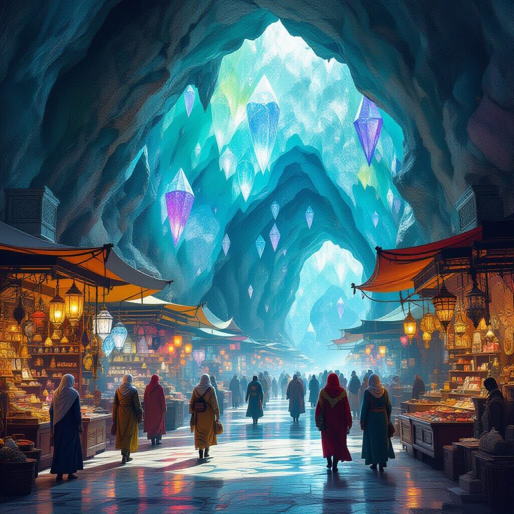Vibrant Geode Cavern Marketplace with Exotic Creatures