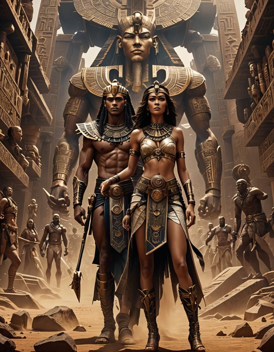Egyptian Pharaoh and Woman Amidst Hieroglyphs in Steampunk S...