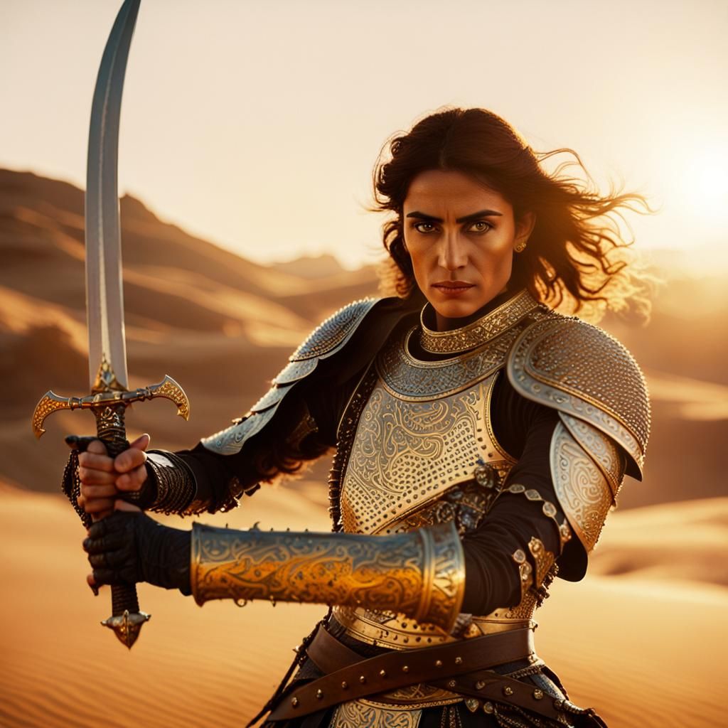 Middle Eastern Paladin in Desert Landscape, Cinematic Film S...