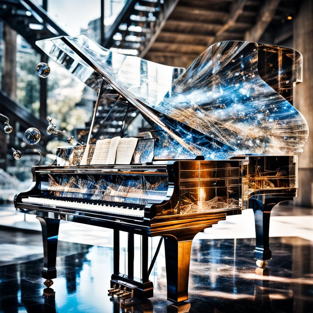 Crystal Piano with Cosmos, Double Exposure Digital Art