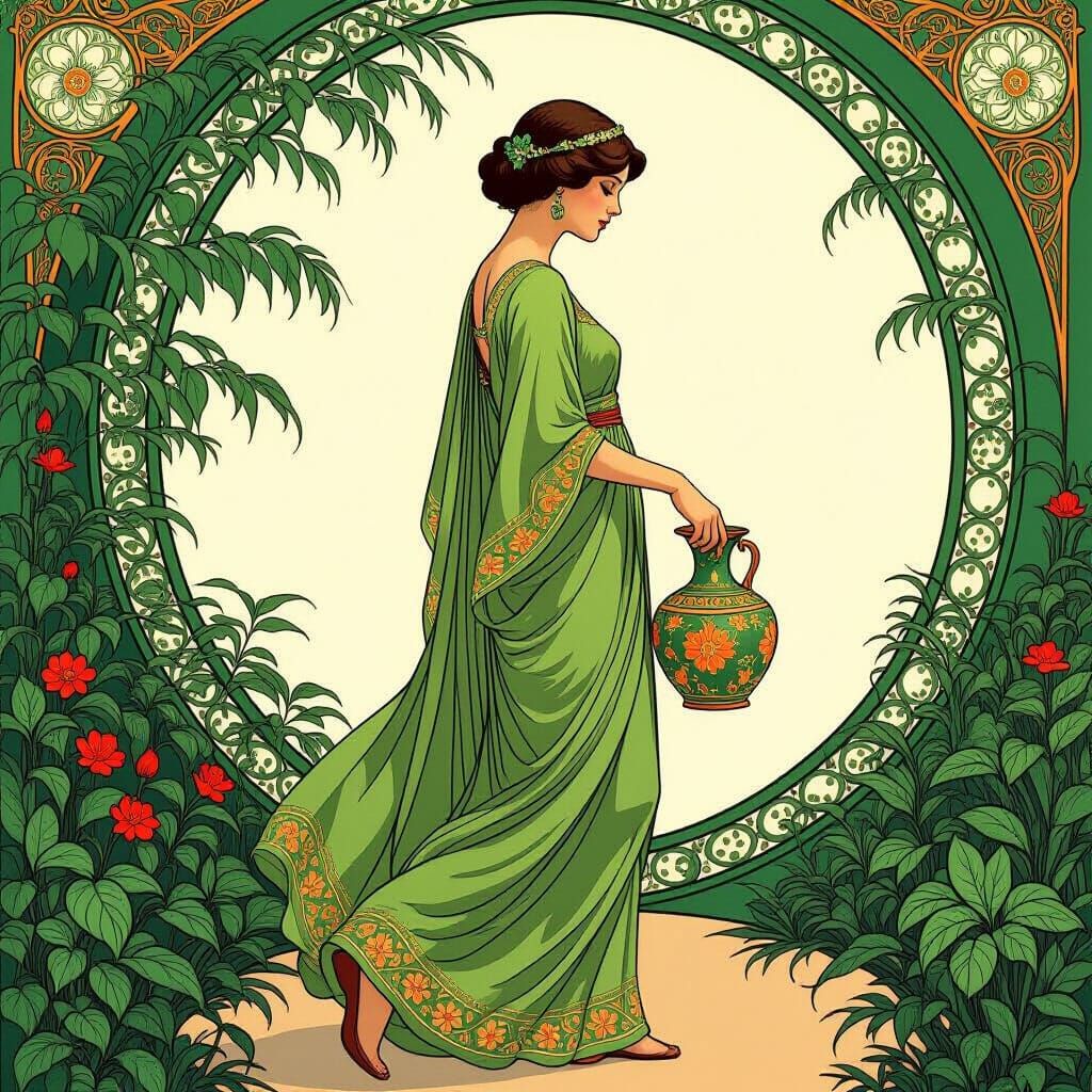 Woman in Green Dress with Vase, Art Nouveau Style