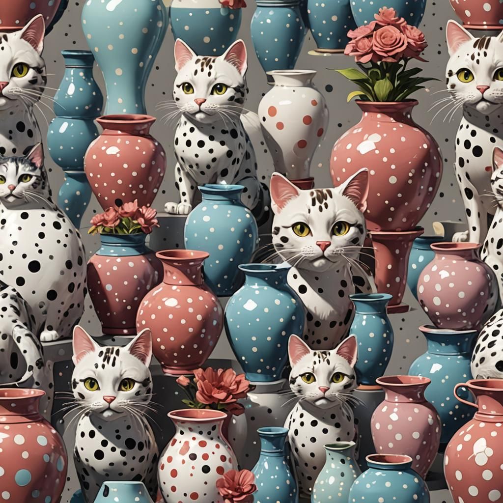 Polkadot Cat Vases: Hyperdetailed Concept Art