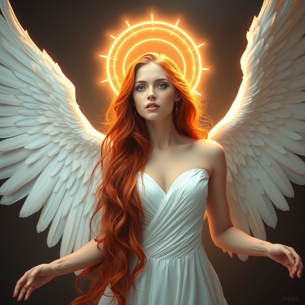 Angelic Woman with Red Hair and Silver Halo
