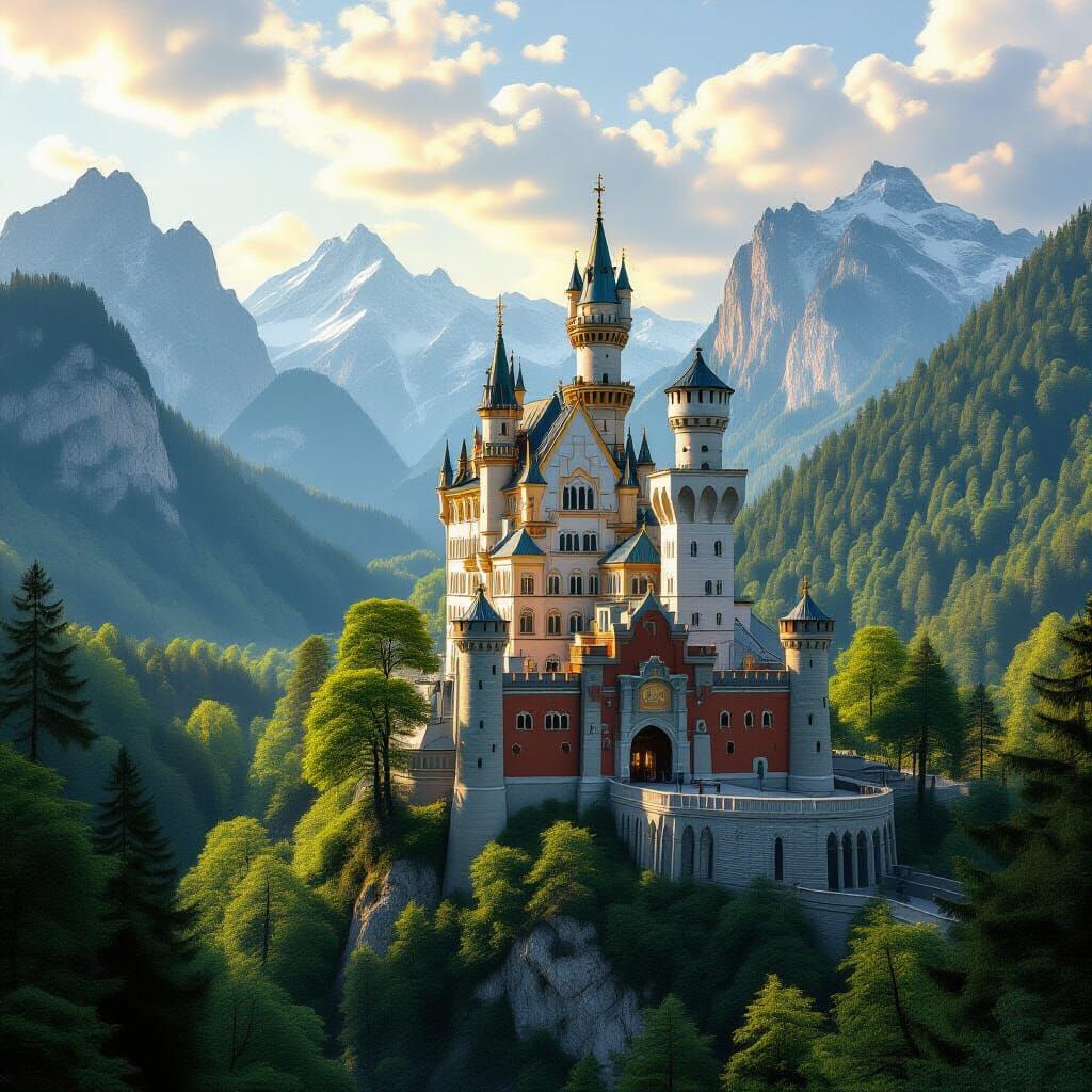 Neuschwanstein Castle on Cliffside in Bavarian Forest