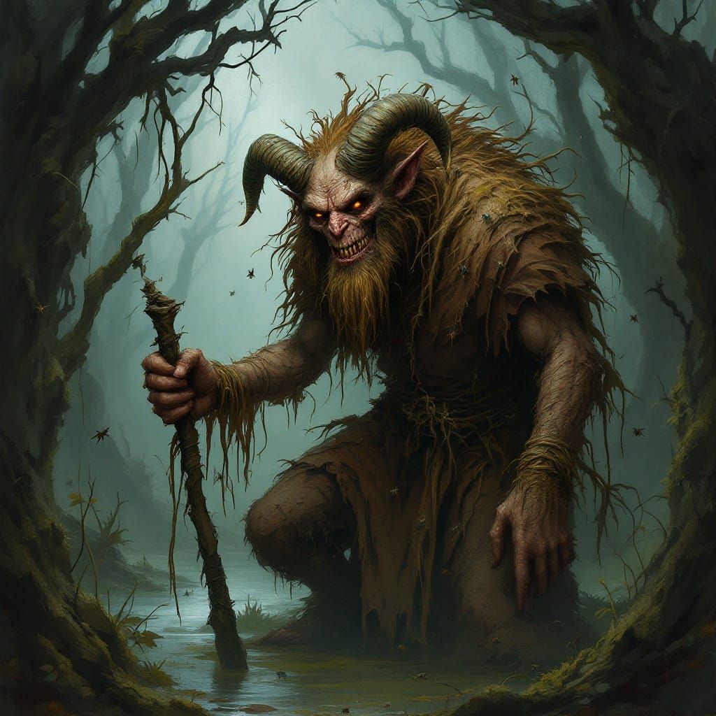 Grotesque Swamp Faun in Tattered Cloak