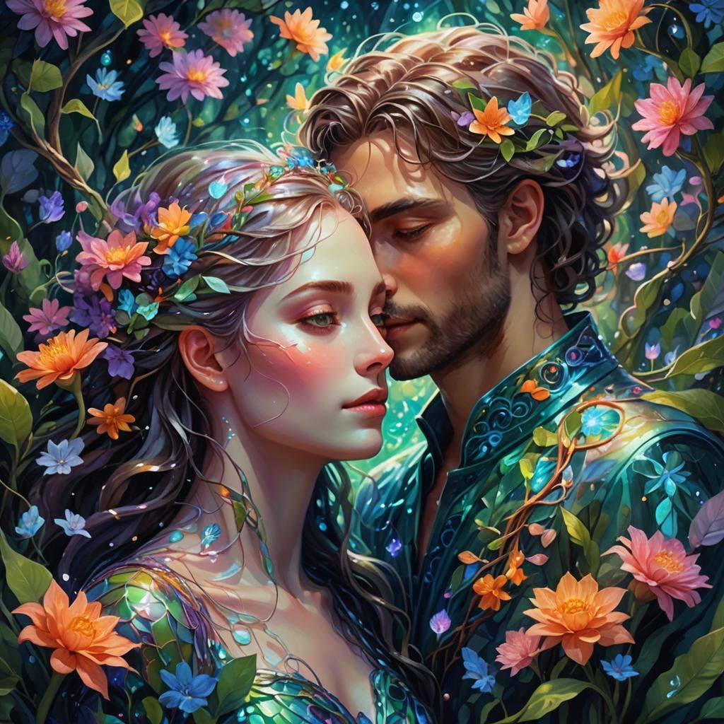 Entwined Lovers in Bioluminescent Garden: Fantasy Concept Ar...